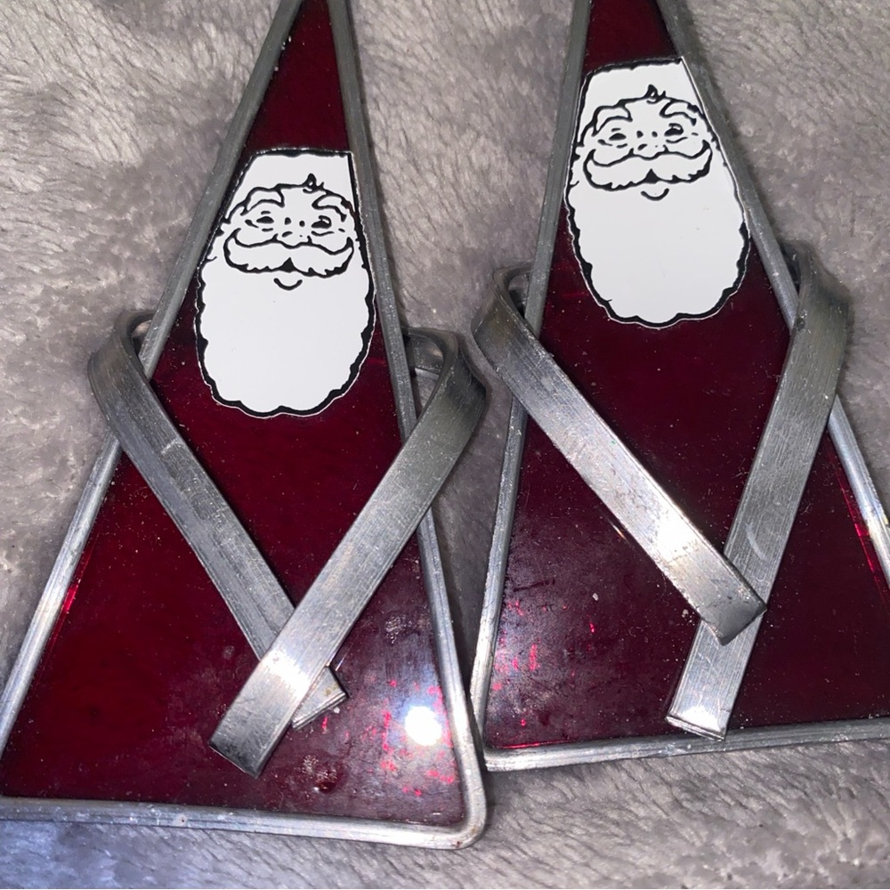 Vintage handmade stained glass Santa Claus Christmas‎ ornaments Set Of 2